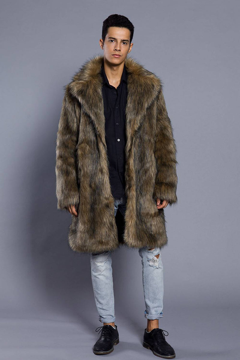 Load image into Gallery viewer, Brown Lapel Neck Long Men Faux Fur Coat