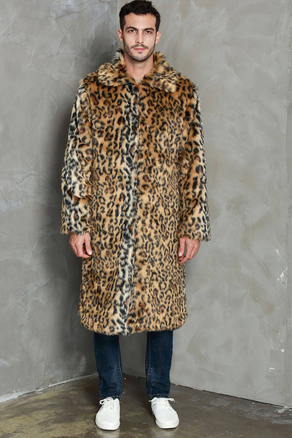 Khaki Leopard Printed Lapel Neck Long Faux Fur Men Coat