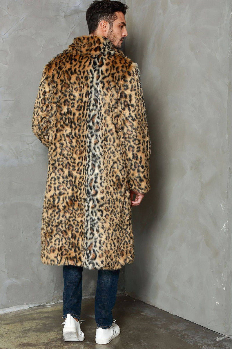 Load image into Gallery viewer, Khaki Leopard Printed Lapel Neck Long Faux Fur Men Coat