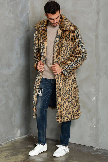 Khaki Leopard Printed Lapel Neck Long Faux Fur Men Coat