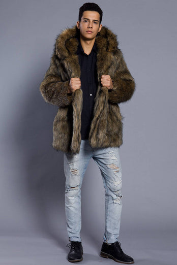 Brown Open Front Lapel Neck Long Faux Fur Men Coat