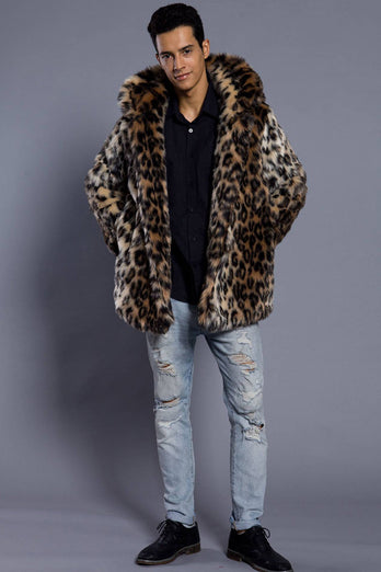 Brown Open Front Lapel Neck Long Faux Fur Men Coat