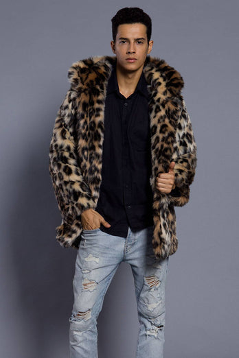 Brown Open Front Lapel Neck Long Faux Fur Men Coat