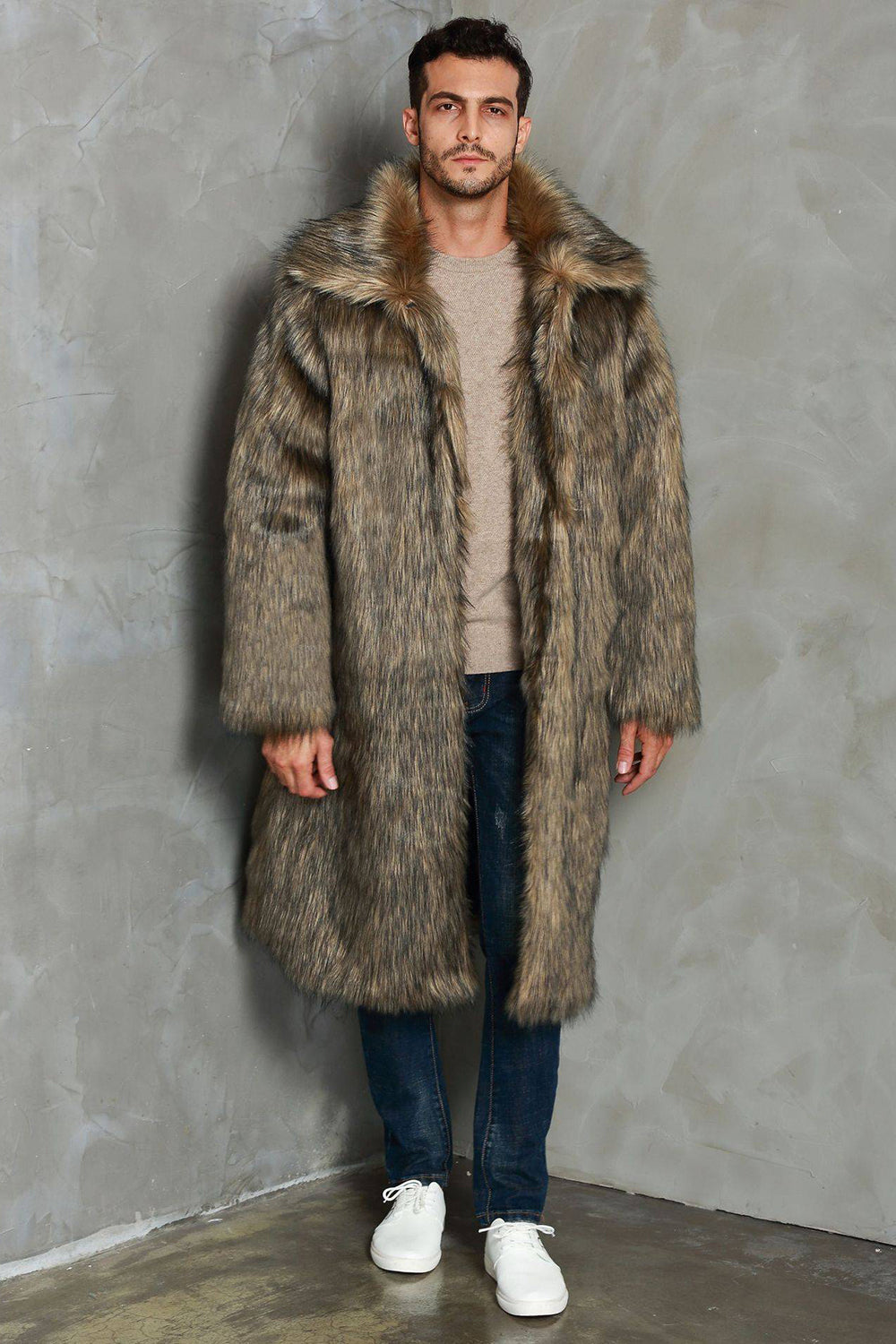 Brown Lapel Neck Long Faux Fur Men Coat