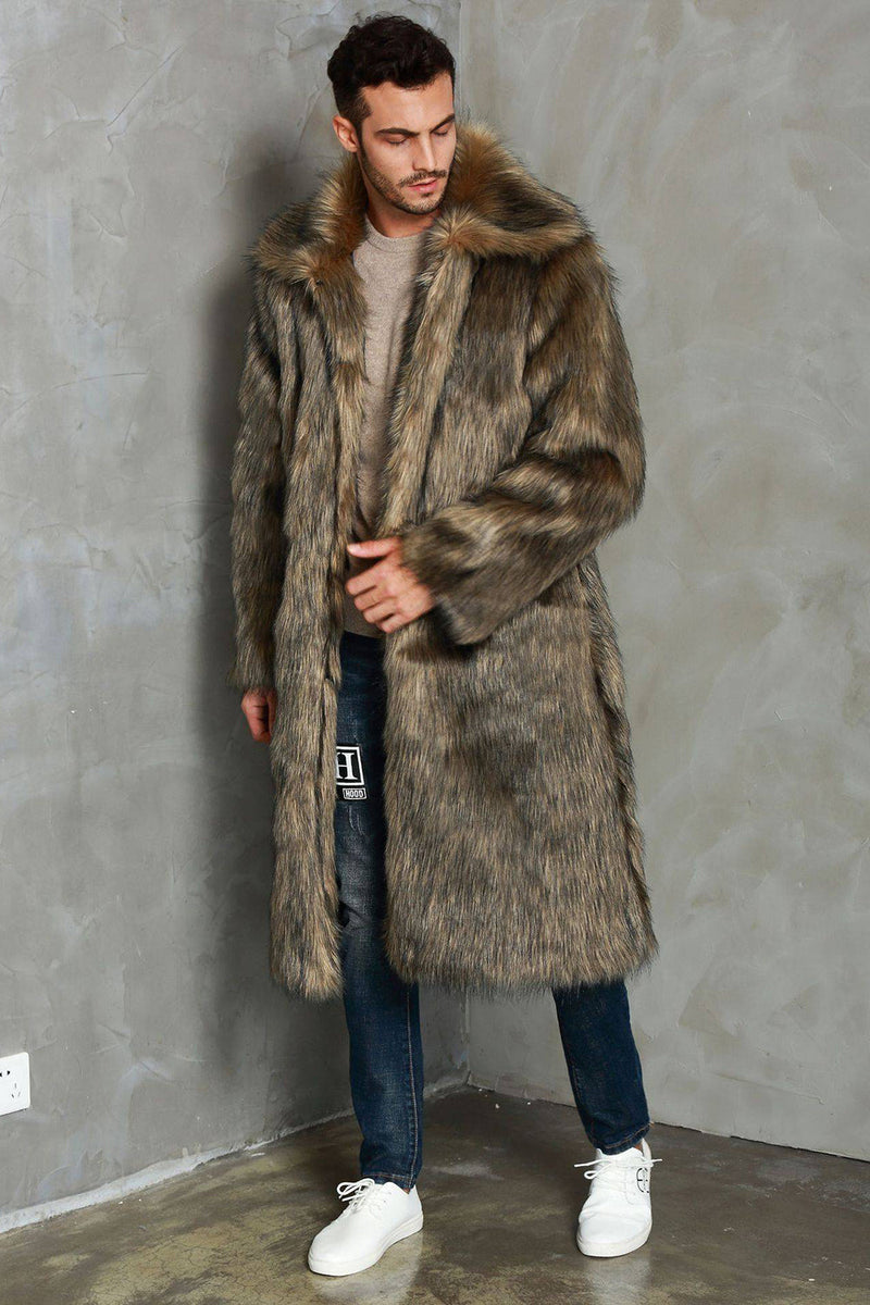 Load image into Gallery viewer, Brown Lapel Neck Long Faux Fur Men Coat