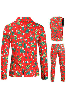 Men's Christmas Printed Red 3-Piece One Button Party Suits