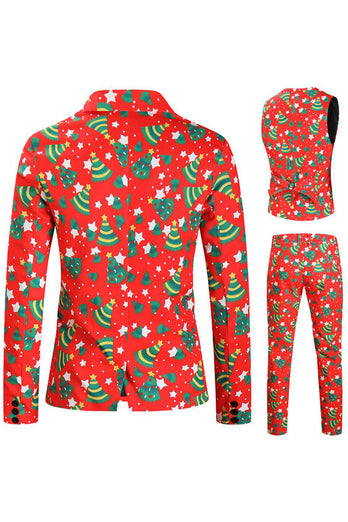 Men's Christmas Printed Red 3-Piece One Button Party Suits