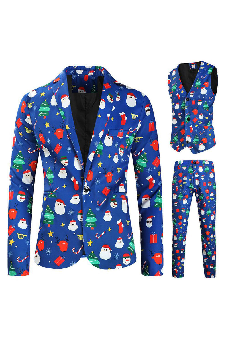 Load image into Gallery viewer, Men&#39;s Blue Christmas Printed 3-Piece One Button Party Suits