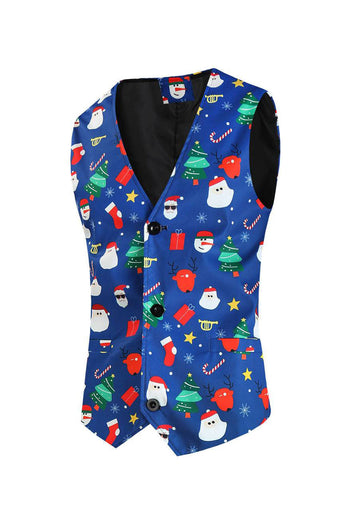 Men's Blue Christmas Printed 3-Piece One Button Party Suits