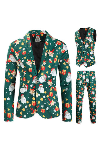 Men's Green Christmas Printed 3-Piece One Button Party Suits