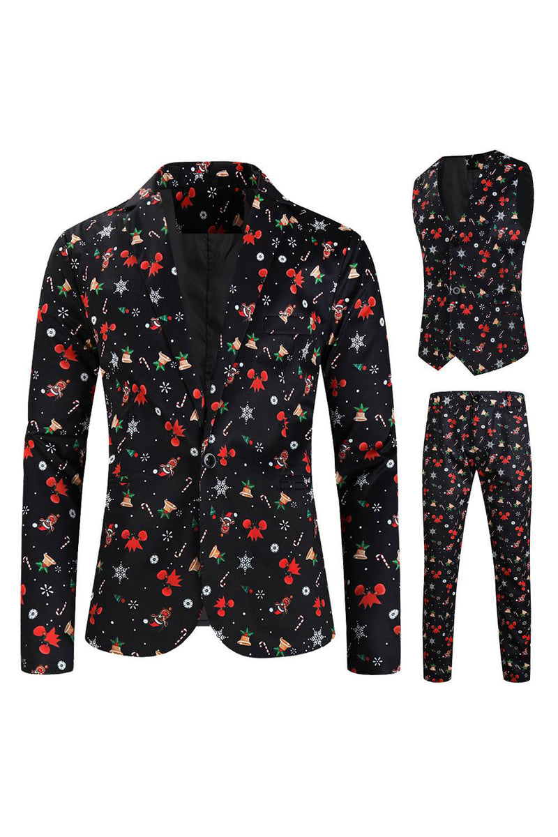 Load image into Gallery viewer, Men&#39;s Black Christmas Printed 3-Piece One Button Party Suits