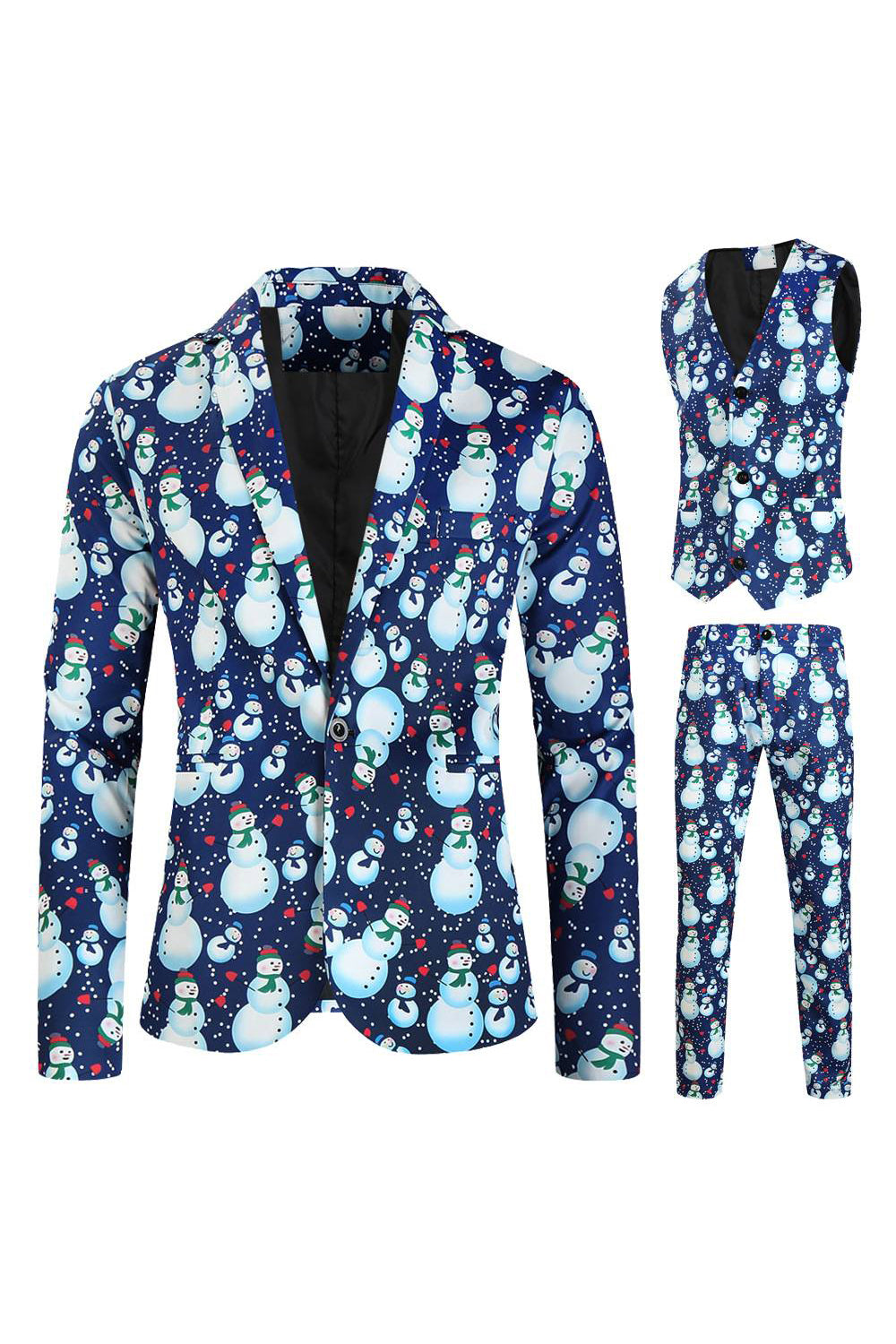 Notched Lapel One Button Blue Snowman Printed Men's Suits