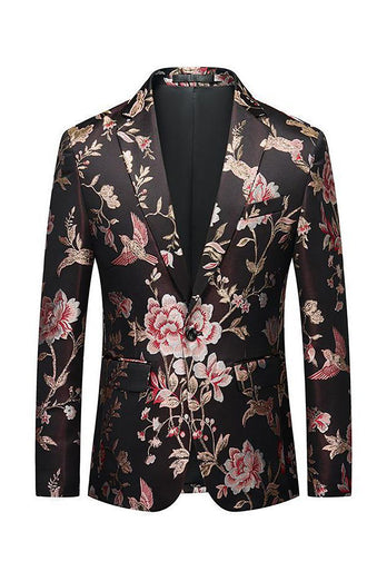 Black Flower Jacquard Notched Lapel Men Blazer