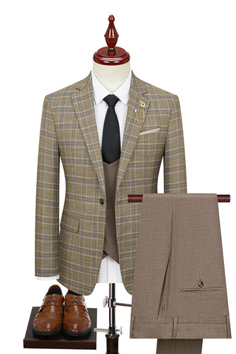 Khaki Plaid 3 Piece Notched Lapel Men Suits