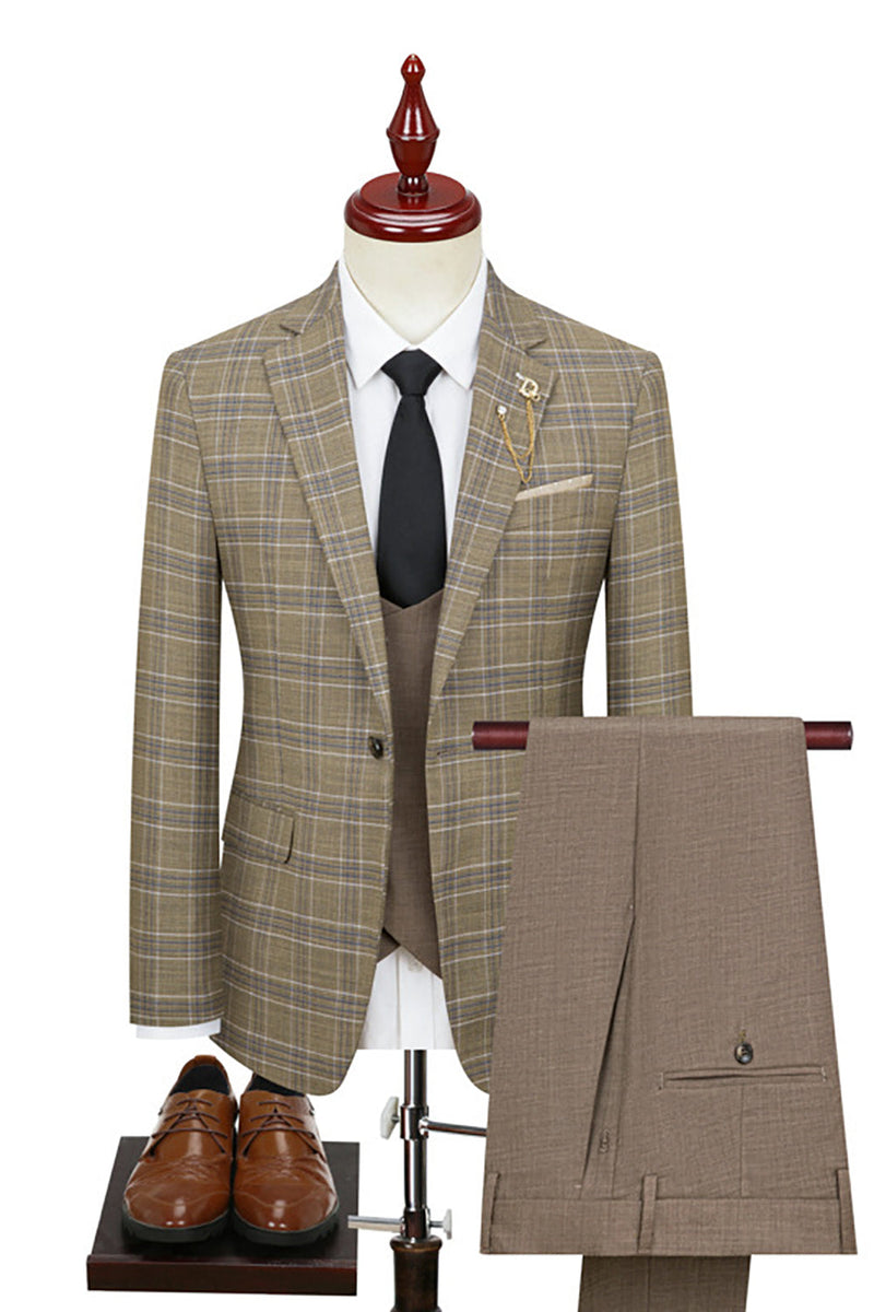 Load image into Gallery viewer, Khaki Plaid 3 Piece Notched Lapel Men Suits