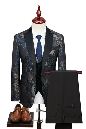 Black Blue Jacquard 3 Piece Men Suits