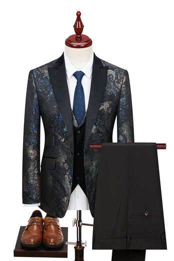 Black Blue Jacquard 3 Piece Men Suits