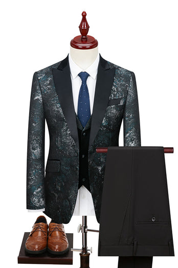 Black Blue Jacquard 3 Piece Men Suits