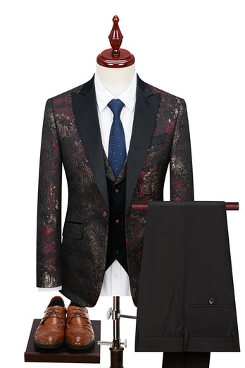 Black Blue Jacquard 3 Piece Men Suits