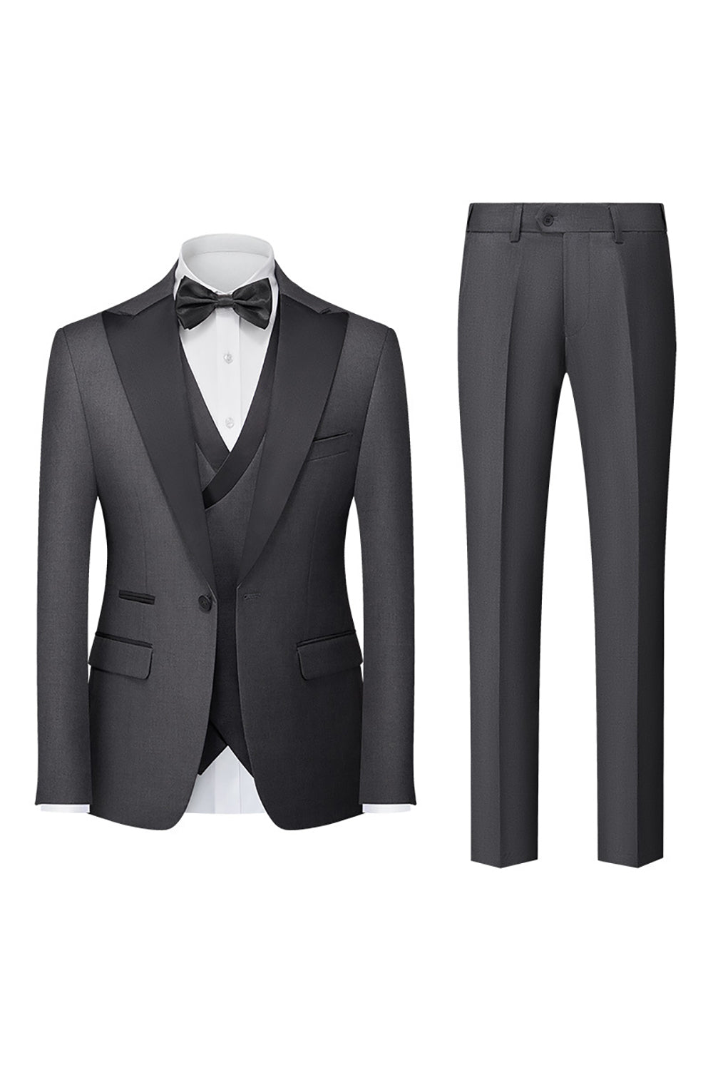 Black Grey 3 Piece Peak Lapel One Button Men's Suits