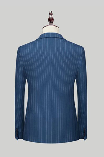 Navy Pinstriped Peak Lapel 3 Piece Men's Formal Suits