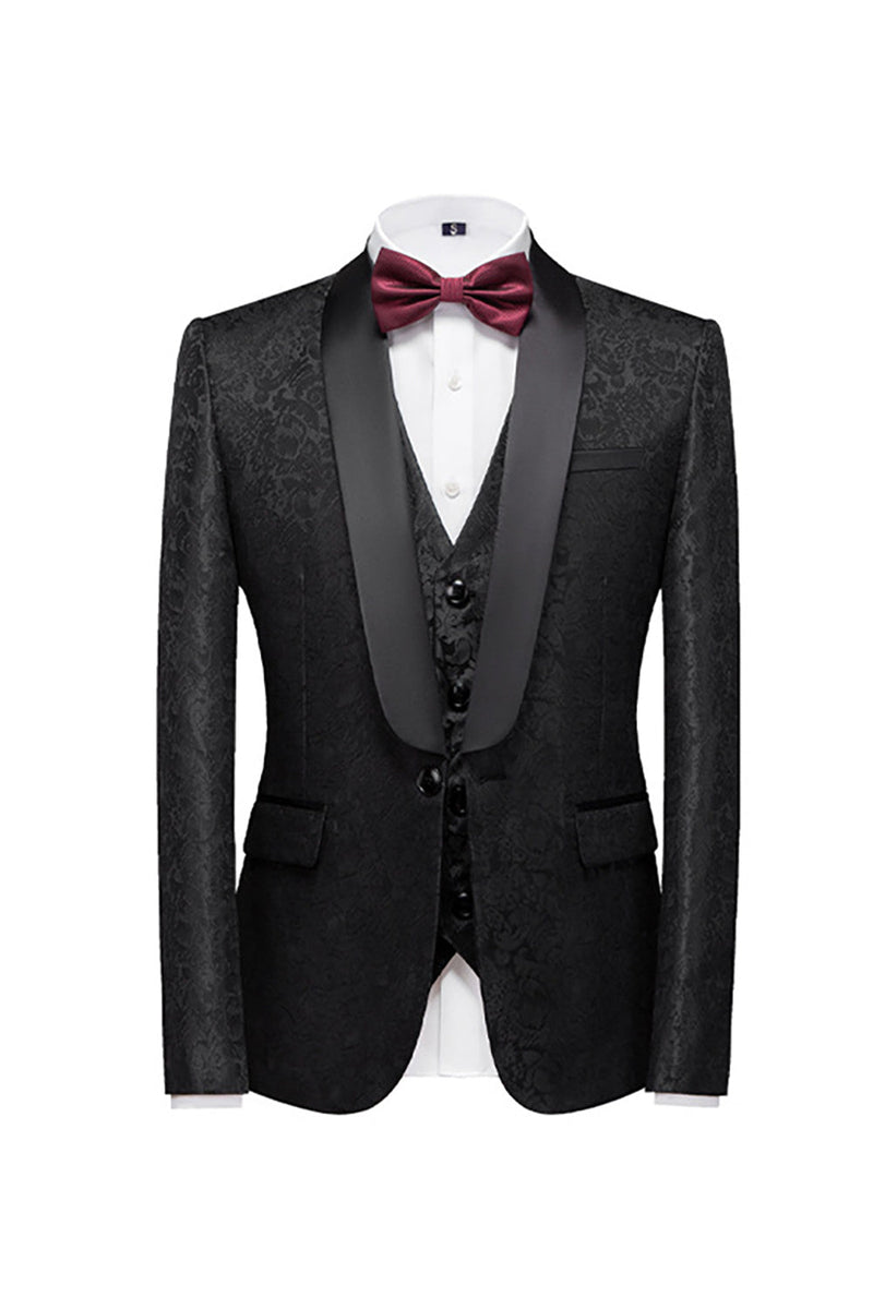 Load image into Gallery viewer, Black 3 Piece Jacquard Shawl Lapel Men&#39;s Prom Suits