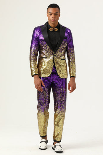 Men's 2 Piece Ombre Sequins Purple Slim Fit Notched Lapel Prom Suits