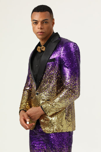 Men's 2 Piece Ombre Sequins Purple Slim Fit Notched Lapel Prom Suits