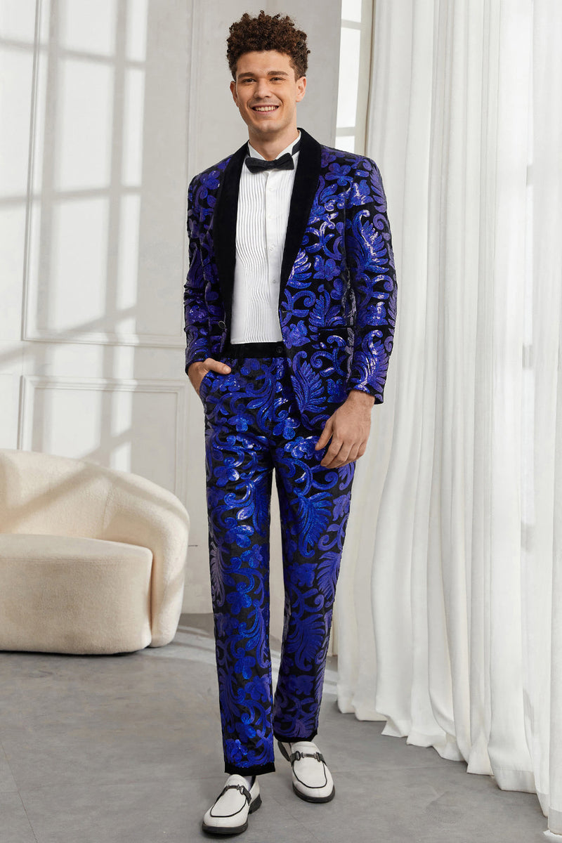 Load image into Gallery viewer, Shawl Lapel One Button Royal Blue Sequins Men&#39;s 2 Pieces Suits