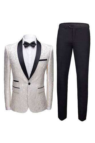 White Shawl Lapel Jacquard Prom Men's 2 Pieces Suits