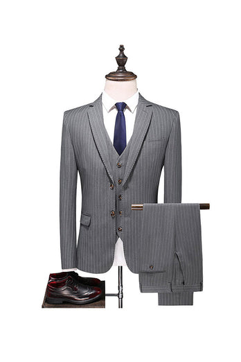 Grey Pinstripe Notched Lapel Men's 2 Pieces Suits