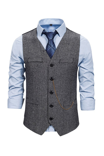 V Neck Single Breasted Men's Grey Casual Vest