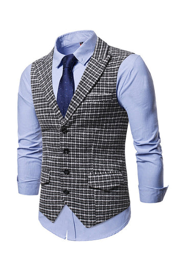 Check Single Breasted Peak Lapel Men's Suit Vest