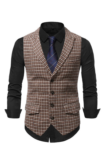 Check Single Breasted Peak Lapel Men's Suit Vest