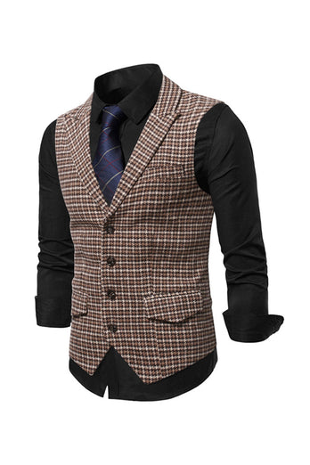 Check Single Breasted Peak Lapel Men's Suit Vest