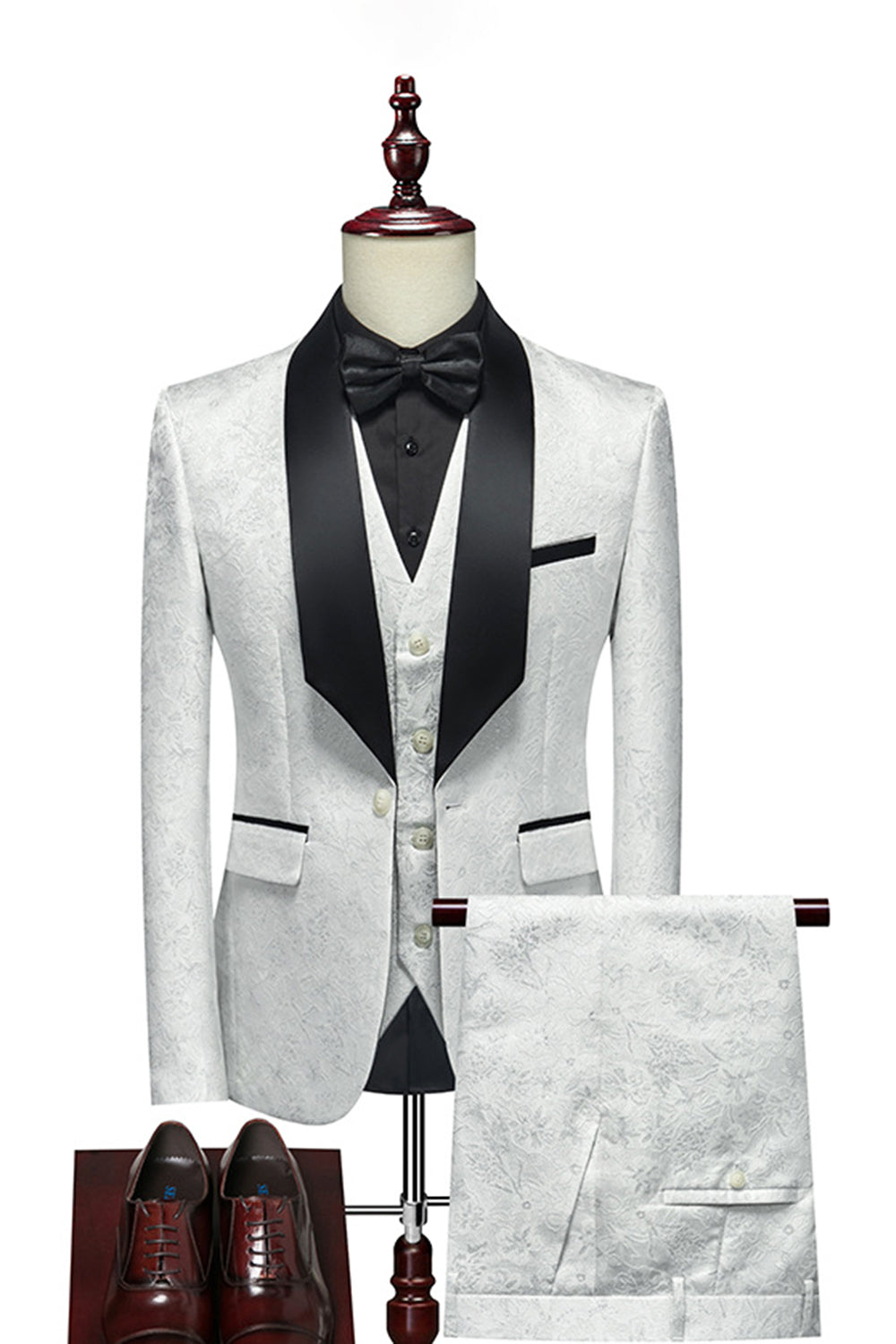 White Jacquard Shawl Lapel 3 Pieces Men's Suits