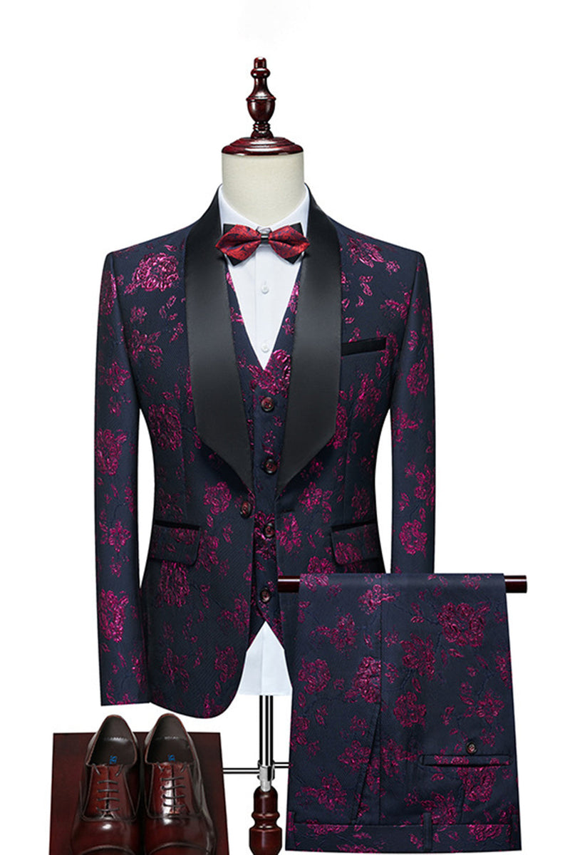 Load image into Gallery viewer, Red Jacquard Shawl Lapel 3 Pieces Men&#39;s Suits