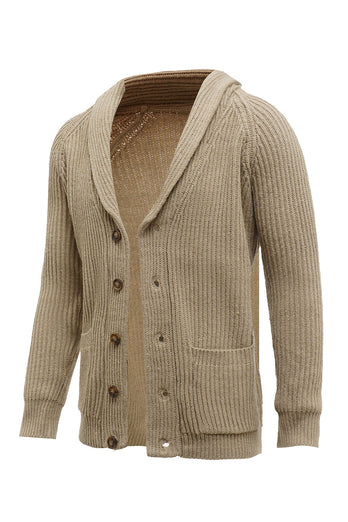 Khaki Shawl Collar Long Sleeves Men's Cardigan Sweater