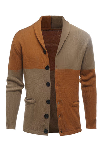 Brown Patchwork Shawl Collar Long Sleeves Men's Cardigan Sweater