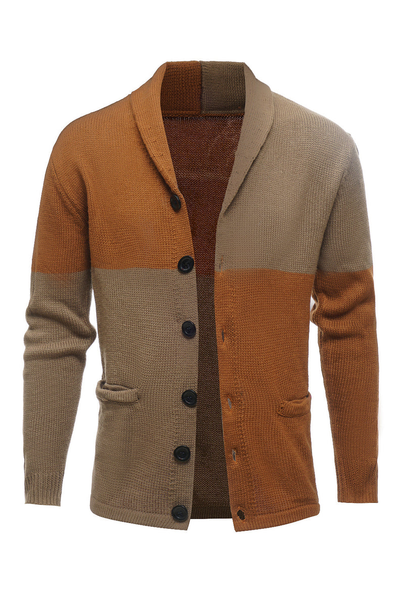 Load image into Gallery viewer, Brown Patchwork Shawl Collar Long Sleeves Men&#39;s Cardigan Sweater