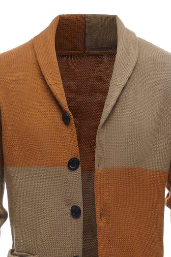 Brown Patchwork Shawl Collar Long Sleeves Men's Cardigan Sweater