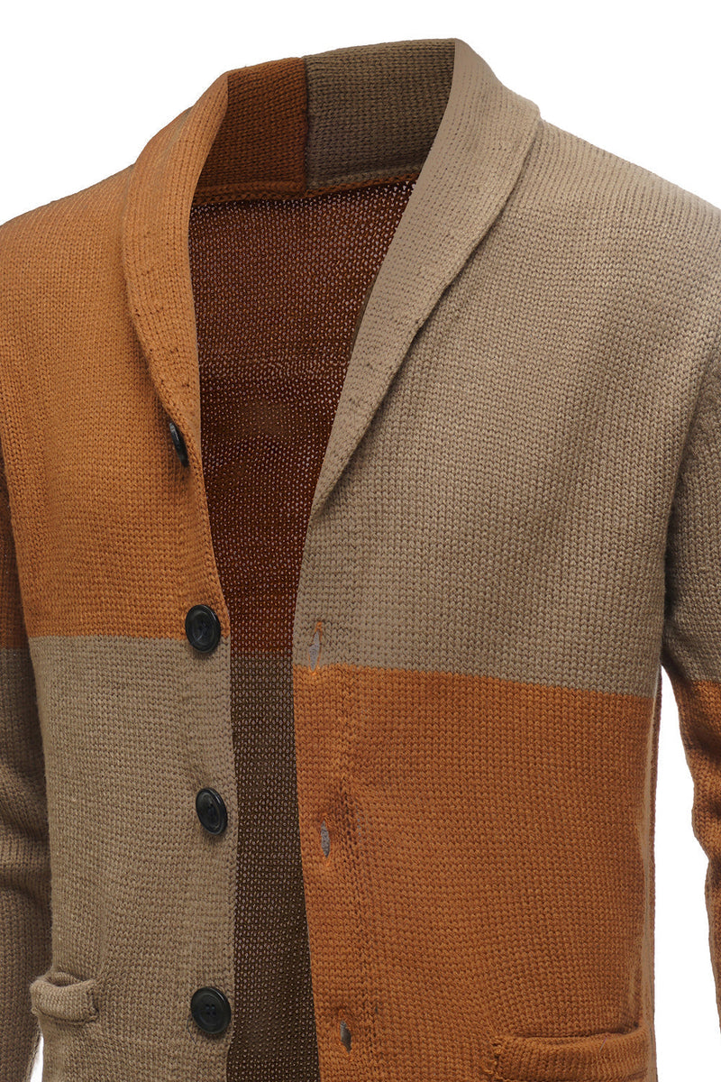 Load image into Gallery viewer, Brown Patchwork Shawl Collar Long Sleeves Men&#39;s Cardigan Sweater