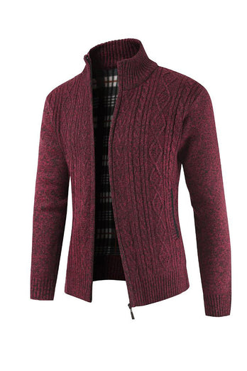 Burgundy Men's Casual Stand Collar Cardigan Zipper Cable Knitted Sweater