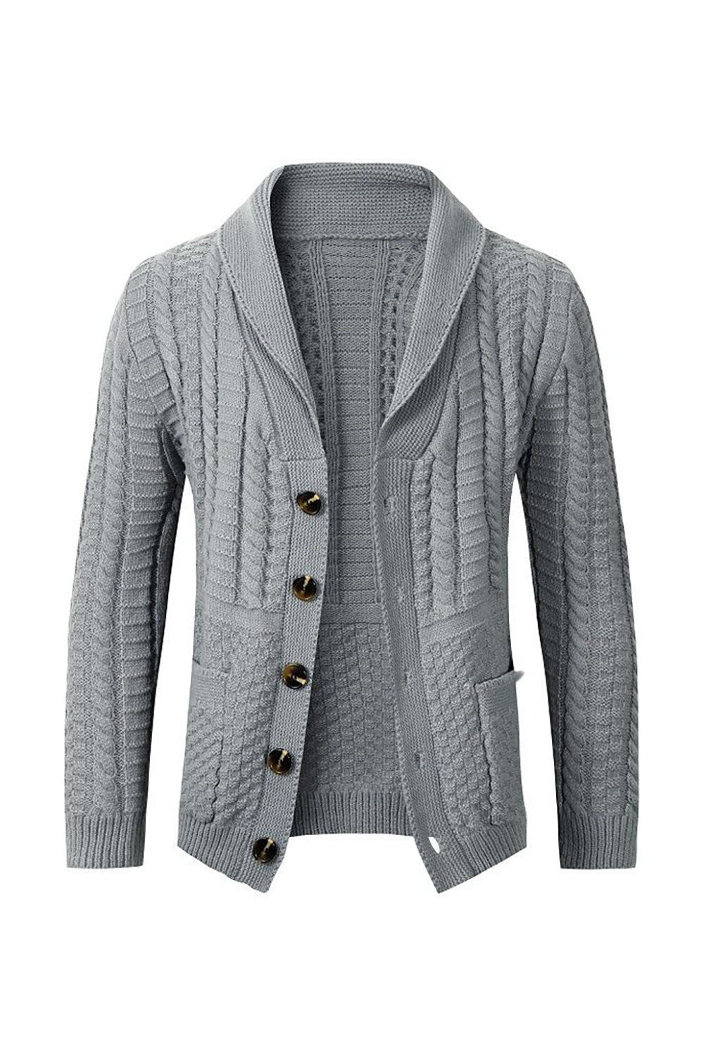 Grey Men's Casual Shawl Lapel Cardigan Button Down Cable Knitted Sweater