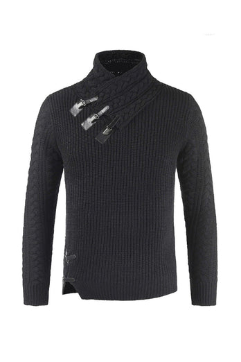 Grey Men's Casual High Neck Buckle Knitted Pullover Sweater