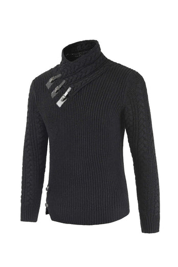 Grey Men's Casual High Neck Buckle Knitted Pullover Sweater