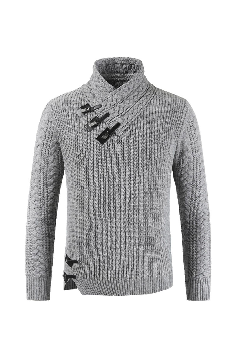 Grey Men's Casual High Neck Buckle Knitted Pullover Sweater