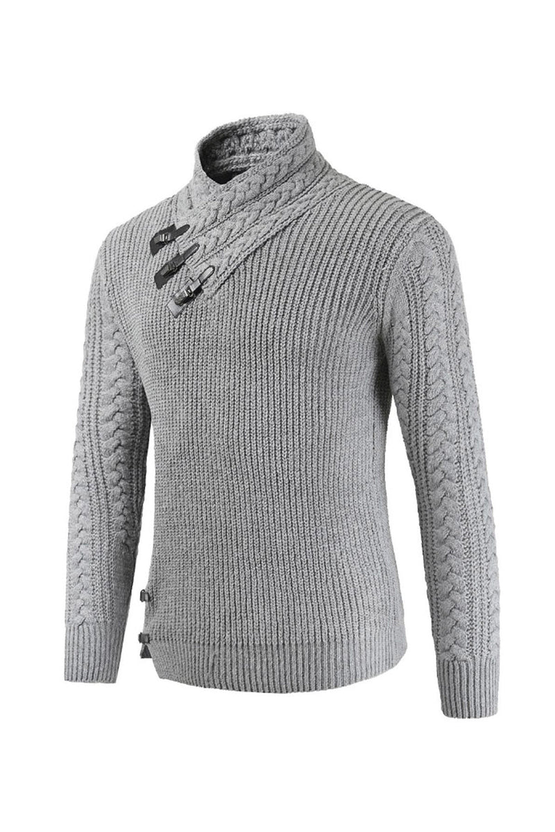 Load image into Gallery viewer, Grey Men&#39;s Casual High Neck Buckle Knitted Pullover Sweater