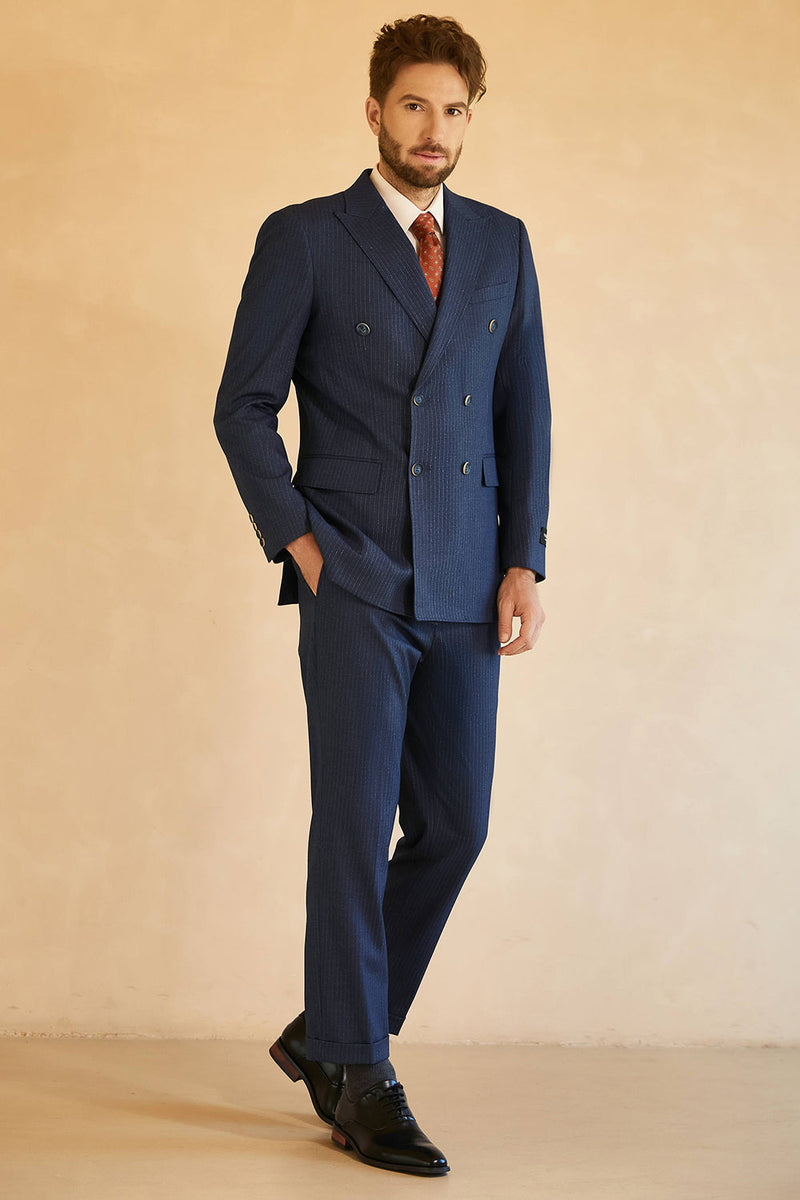 Load image into Gallery viewer, Dark Blue Double Breasted Pinstripe 3 Piece Wedding Men&#39;s Suits