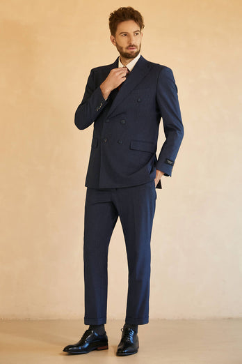 Dark Blue Double Breasted Pinstripe 3 Piece Wedding Men's Suits